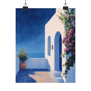 Santorini Print | Greek Islands Courtyard | Mediterranean Art | Blue White Architecture | Bougainvillea Art | Coastal Decor | Greece Print