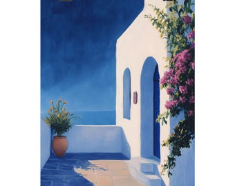 May include: A white building with a blue door and a terracotta pot with a plant on a patio. The building has a blue roof and a blue sky in the background.