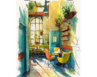 Impresión de acuarela de una acogedora cafetería: Arte interior de una cafetería soleada