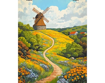 Impresión giclée de paisaje de molino de viento: arte de un camino soleado en un prado de flores