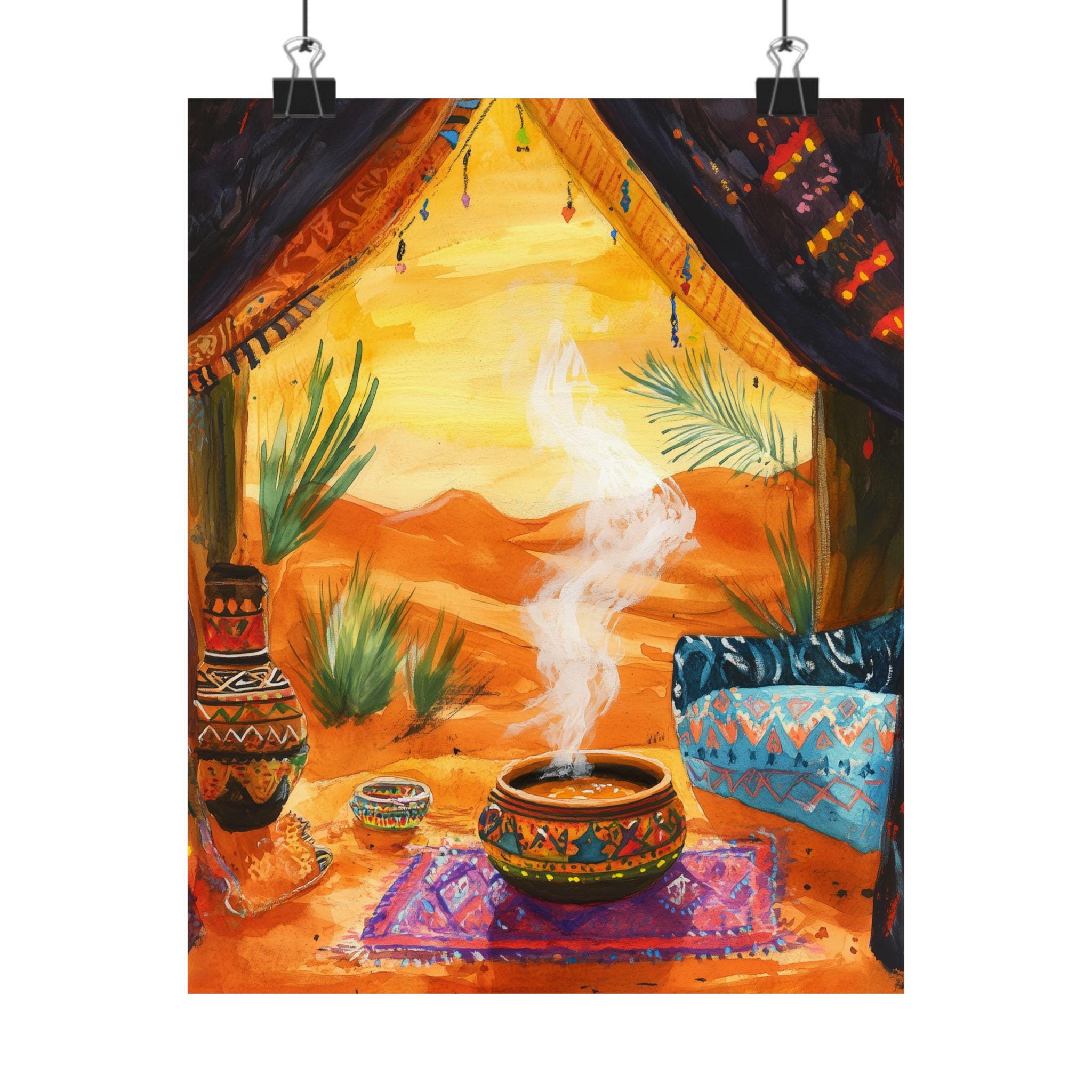Moroccan Tagine Gouache | Desert Oasis Tent Art Print | Earth Tone Decor | Richly Patterned Rugs | North African Food Scene Gift