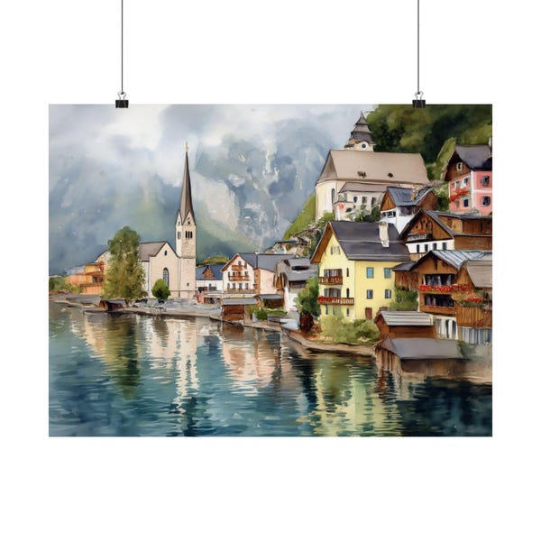 Lámina artística de Hallstatt: acuarela de un pueblo austriaco, decoración de una casa en un lago en una ciudad europea