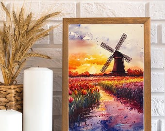 オランダの風車の水彩画：チューリップ畑の夕焼け風景 - Etsy 日本