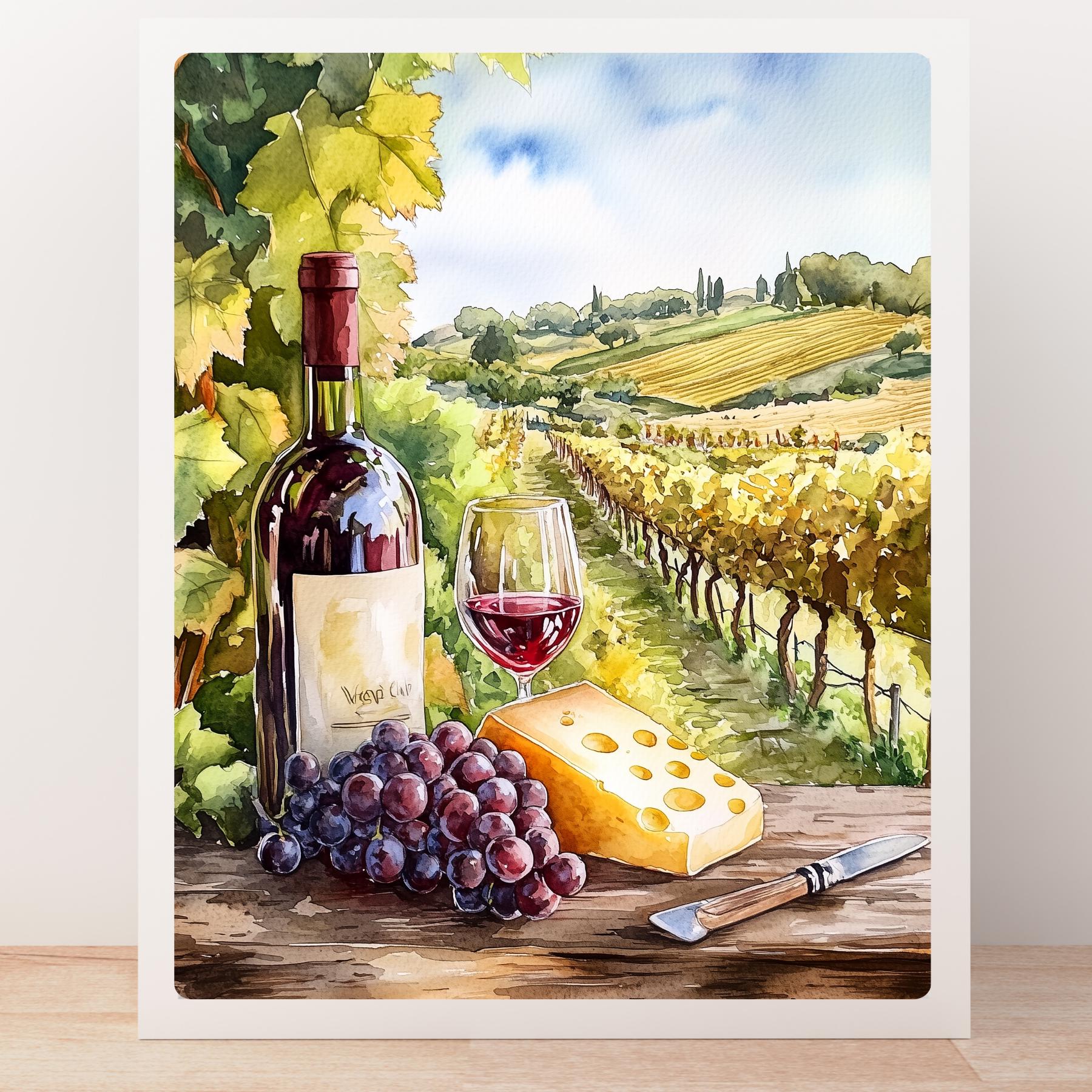 イタリア製 油絵 DE VITIS 風景画 山小屋 額縁入り DE VITIS Italian Countryside Wine & Cheese Art Print: Rustic Vineyard Still