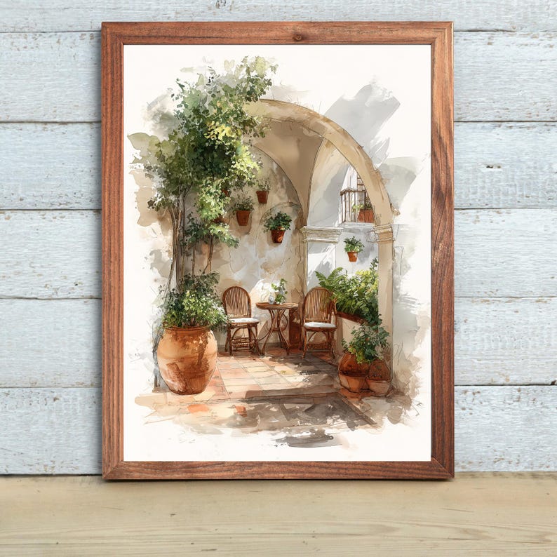 Mediterranean Courtyard Art Print: Sunlit Patio Garden Decor - Etsy