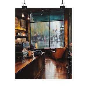 Rainy Day Coffee Shop Art | Cozy Cafe Interior Gouache | Urban Window View Painting | Warm Atmosphere Decor | City Street Scene Print Cozy