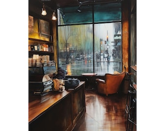 Rainy Day Coffee Shop Gouache Art Print: Cozy Cafe Interior