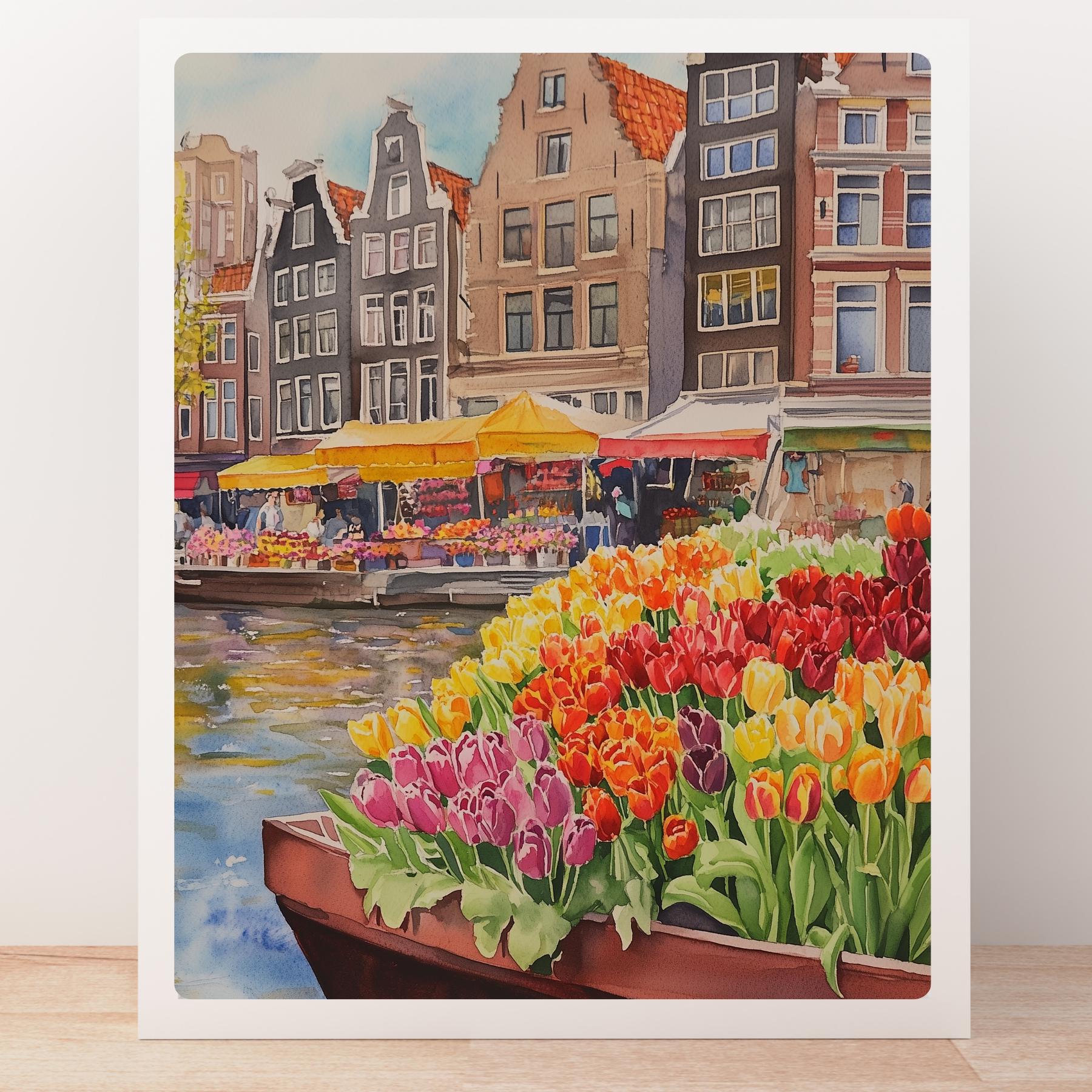 アムステルダムのチューリップの水彩画：オランダの運河アートプリント
