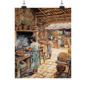 Puede incluir: Una pintura de acuarela que representa una escena de cocina bulliciosa en un entorno rústico. Tres mujeres están preparando comida, una de ellas revolviendo una olla sobre una estufa, otra añadiendo ingredientes a un bol y una tercera de pie cerca. La cocina está llena de varios ollas, sartenes y otros utensilios de cocina, creando una sensación de actividad y calidez.