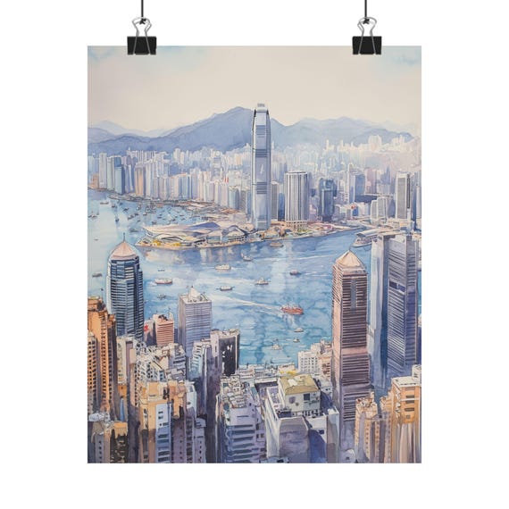 絵画、香港ビクトリアパーク 香港のスカイライン水彩画：ビクトリアピークの街並みの壁アート