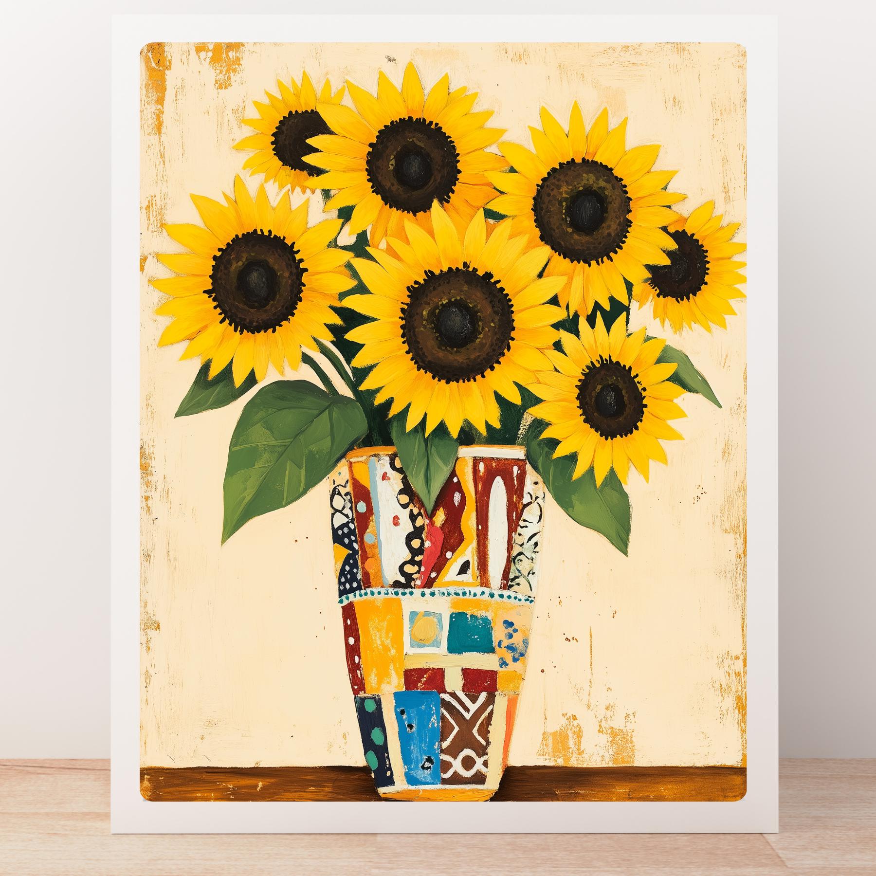 【空シド】花　フひまわり　 絵画　BAEZ3 ひまわりの静物画アートプリント：カラフルな花瓶、明るい花飾り