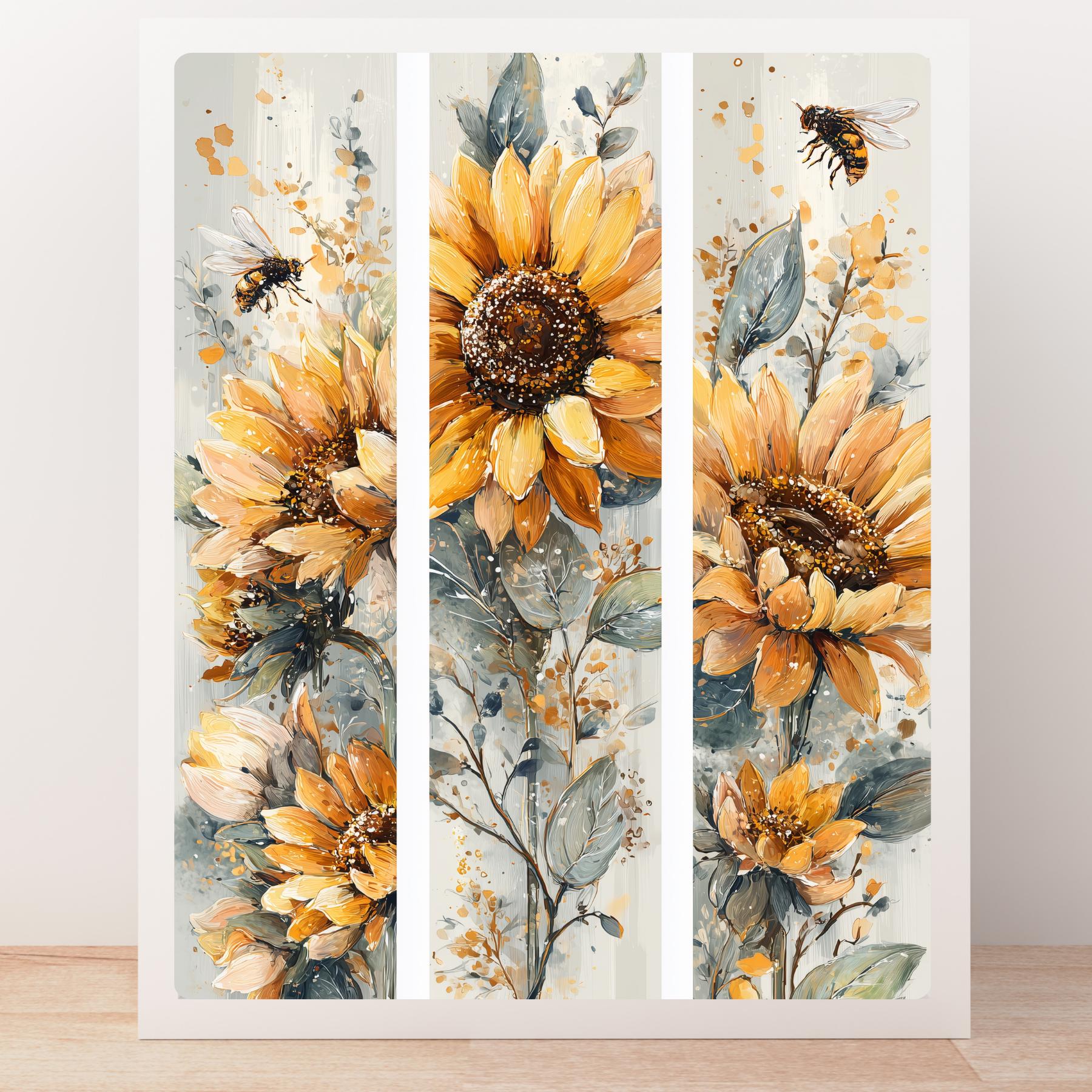 ひまわり畑の三連画アートプリント：素朴な蜂と花の絵画 - Etsy 日本