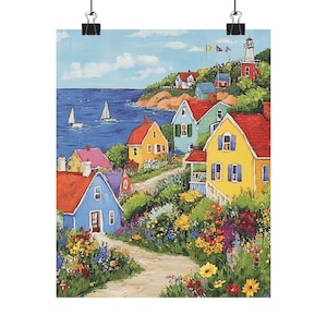 Coastal Village Art Print: Colorful Seaside Gouache Painting