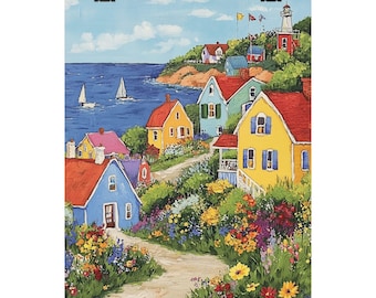 May include: A colorful painting of a seaside village with houses in shades of blue, yellow, red, and green. The houses are clustered together on a hillside overlooking a blue ocean with sailboats. The scene is framed by lush green foliage and vibrant flowers.