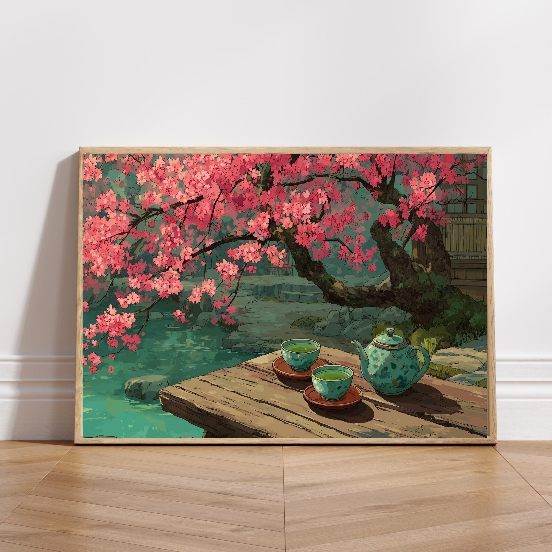 日本庭園の水彩画アートプリント：桜、禅の茶室 - Etsy 日本