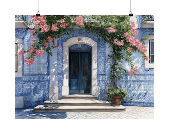 May include: A print of a blue and white tiled building facade with a dark blue door. Pink flowers and green vines cascade over the doorway. A potted plant sits to the right of the door, and steps lead up to the entrance.