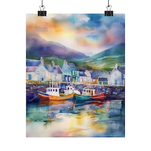 Acuarela de Dingle, Irlanda: Impresión artística de un pueblo pesquero costero imagen 1
