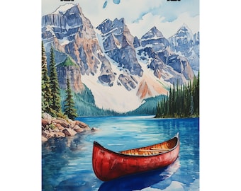 May include: A red canoe sits on a still lake with snow-capped mountains in the background. The water is a bright blue and the sky is a light blue with white clouds.