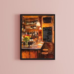 May include: A painting of a bar interior with a wooden counter, shelves stocked with wine bottles, and a chalkboard menu listing various food and drink items. The bar is dimly lit with a warm, inviting atmosphere.