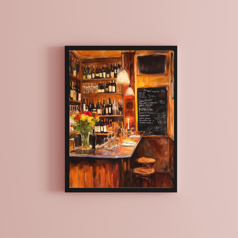 May include: A painting of a bar interior with a wooden counter, shelves stocked with wine bottles, and a chalkboard menu listing various food and drink items. The bar is dimly lit with a warm, inviting atmosphere.