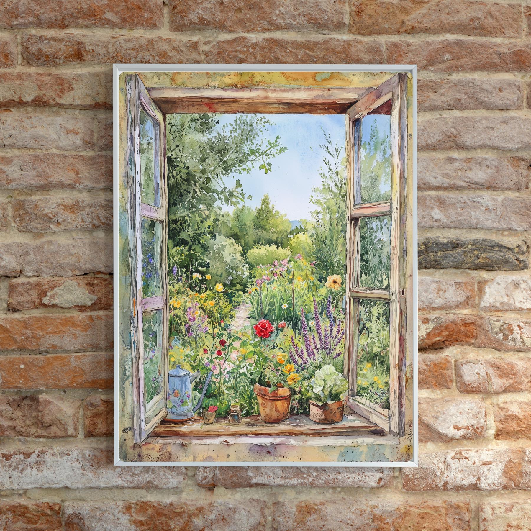 コテージガーデンの窓辺の風景画アートプリント：花の窓辺の風景画