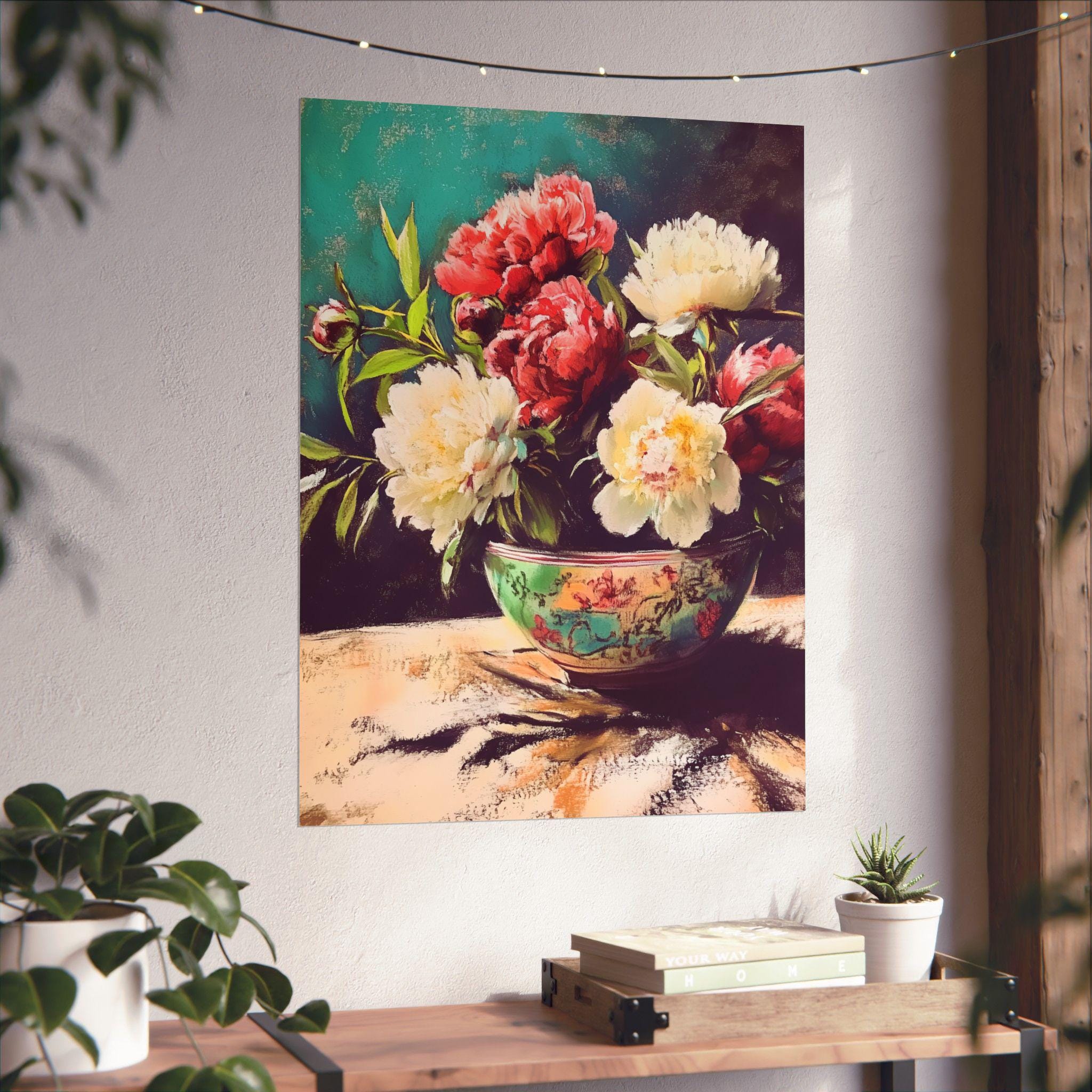 牡丹の静物画アートプリント：花の絵画、青緑色の背景 - Etsy 日本