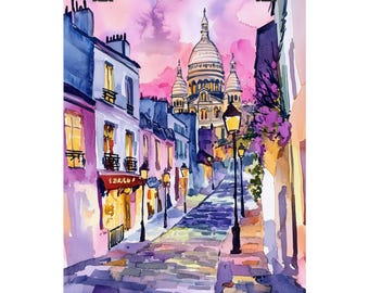 Op de afbeelding: Een aquarel schilderij van een straatbeeld in Parijs, Frankrijk. De straat is omzoomd met gebouwen en er zijn bomen en bloemen aan beide kanten. In de verte is de Sacré-Cœur basiliek te zien. Het schilderij is gemaakt in een zachte, romantische stijl.
