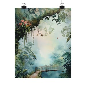 May include: A watercolor painting of a lush green forest with a suspension bridge leading into the distance. The bridge is made of metal and has a wooden walkway. The forest is filled with trees and foliage, and there is a misty atmosphere. The painting is done in a realistic style and captures the beauty of nature.