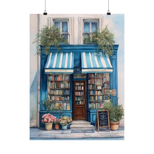 Puede incluir: Impresión en acuarela de una encantadora librería con fachada azul, toldo a rayas y estanterías repletas de libros. La tienda está adornada con plantas en macetas y una pequeña pizarra. Una escena clásica y acogedora.