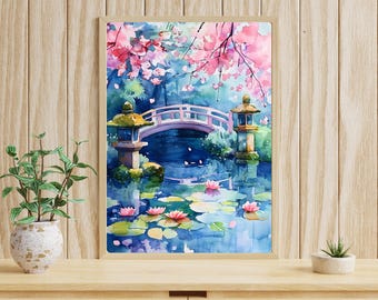日本庭園の水彩画：桜、禅橋、鯉の池 - Etsy 日本