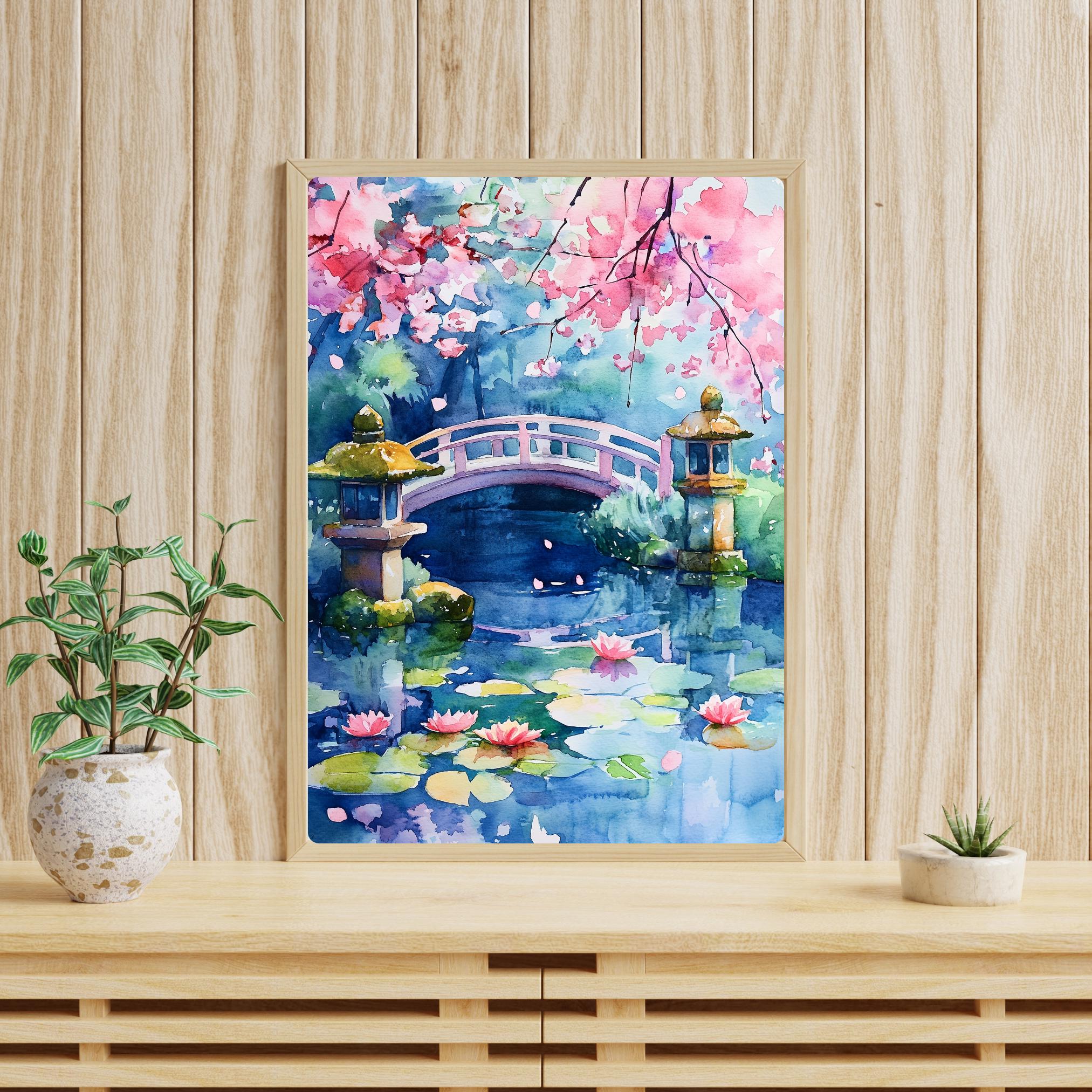日本庭園の水彩画：桜、禅橋、鯉の池 - Etsy 日本
