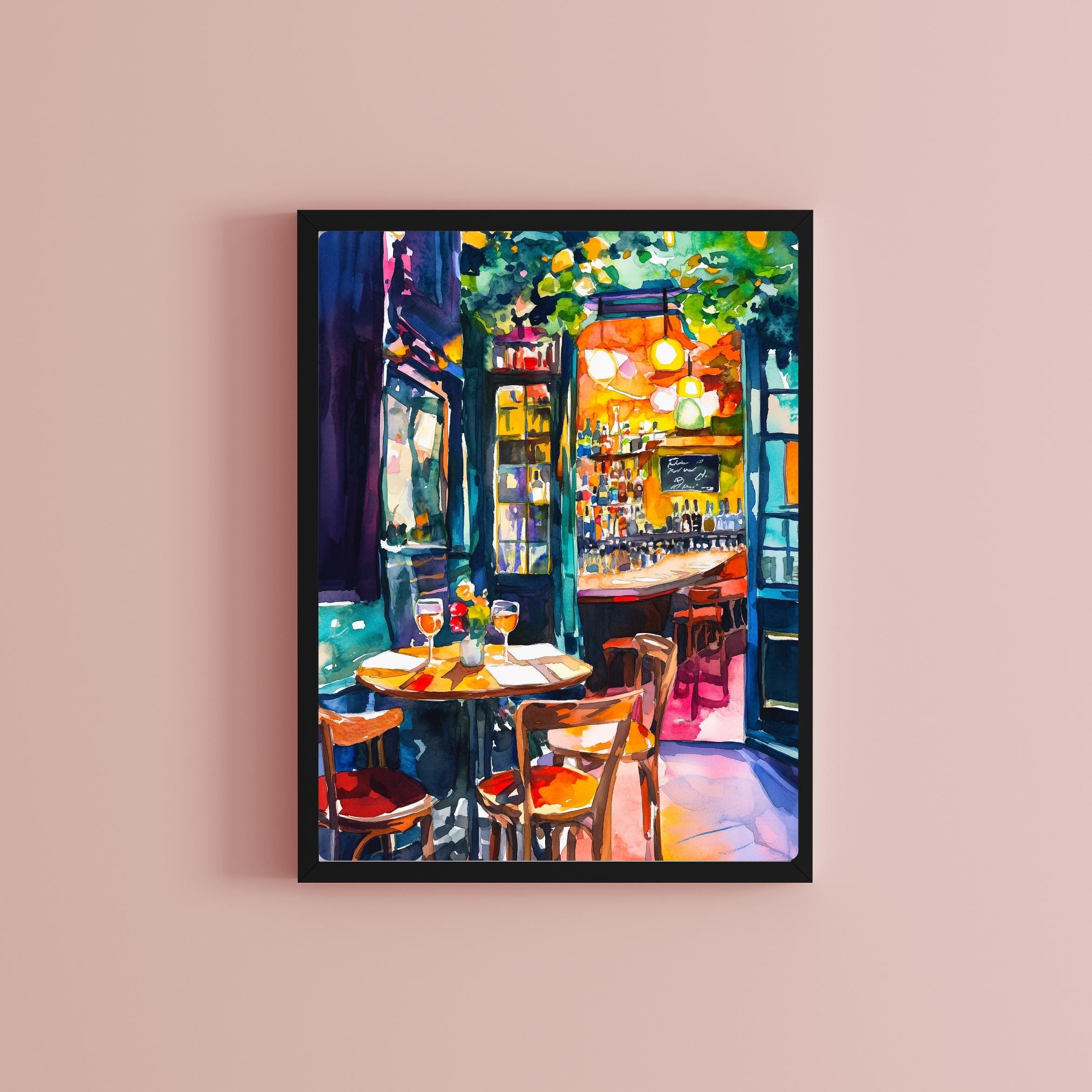 フレンチカフェの水彩画：居心地の良いビストロのインテリアアート 