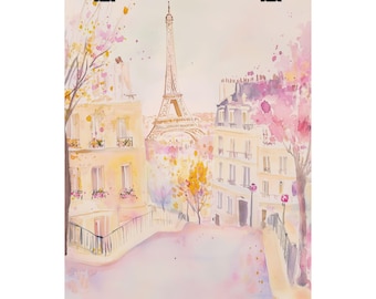 May include: A watercolor painting of the Eiffel Tower in Paris, France. The tower is surrounded by buildings and trees, and the sky is a soft pink color.
