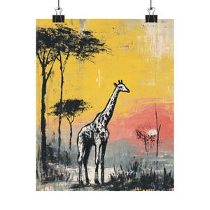 Giraffe Savannah Art | African Sunset Wildlife Painting | Yellow Animal Print | Expressive Safari Wall Decor | Acacia Tree Landscape