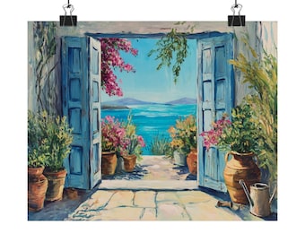 May include: A vibrant painting depicts an open blue door framing a serene seascape. Potted plants with pink and yellow flowers and lush greenery flank the doorway. The scene evokes a Mediterranean villa with a bright blue sky and ocean.