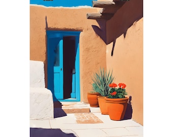 May include: An artistic print of a southwestern scene featuring a turquoise door, terracotta pots with plants, and a stucco wall. The scene is bathed in warm sunlight, with shadows adding depth.