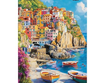 今関アキラコ、【丘の街（イタリア）】、希少な画集画、新品高級額 チンクエ・テッレのアートプリント：イタリア沿岸の村のグアッシュ海景
