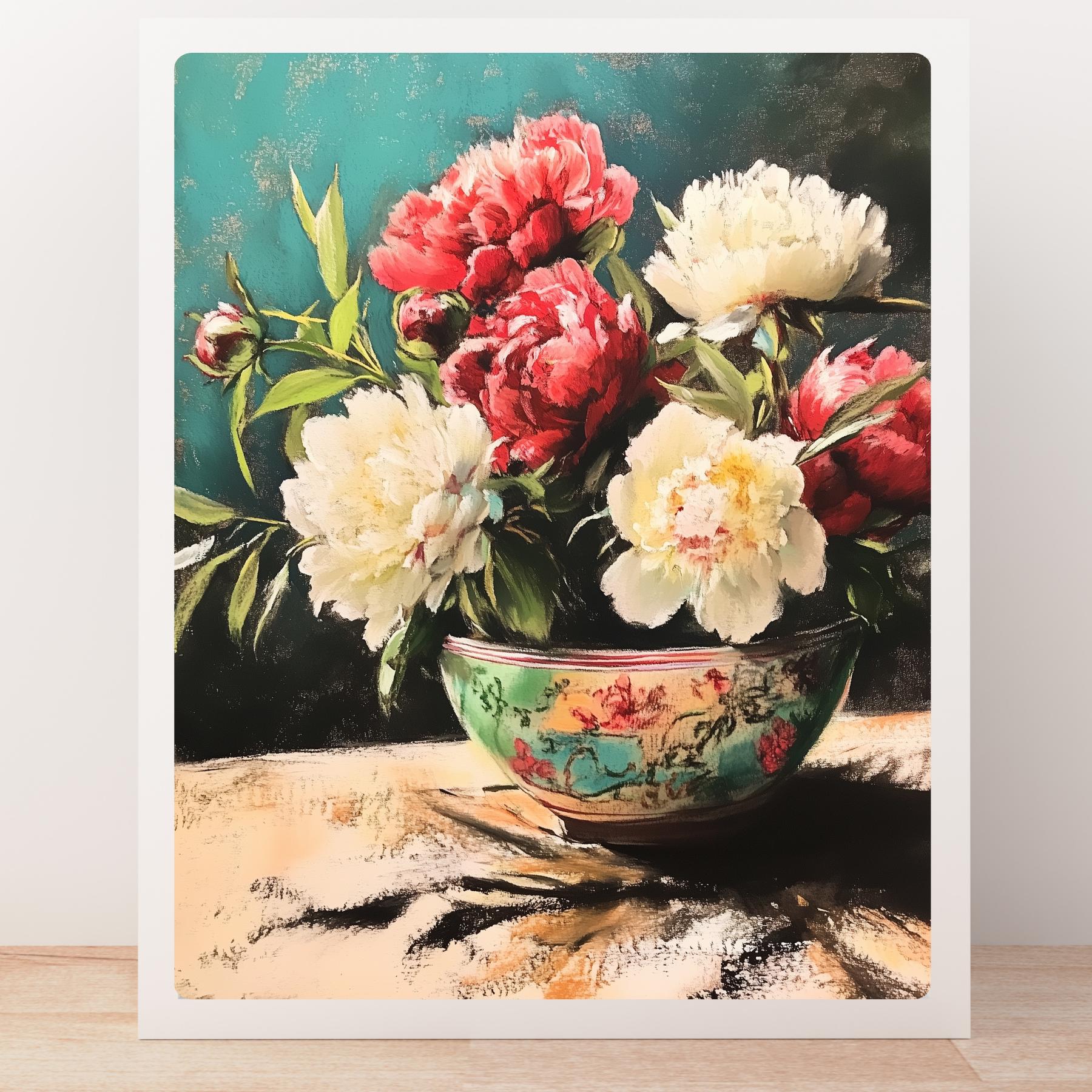 牡丹の静物画アートプリント：花の絵画、青緑色の背景 - Etsy 日本