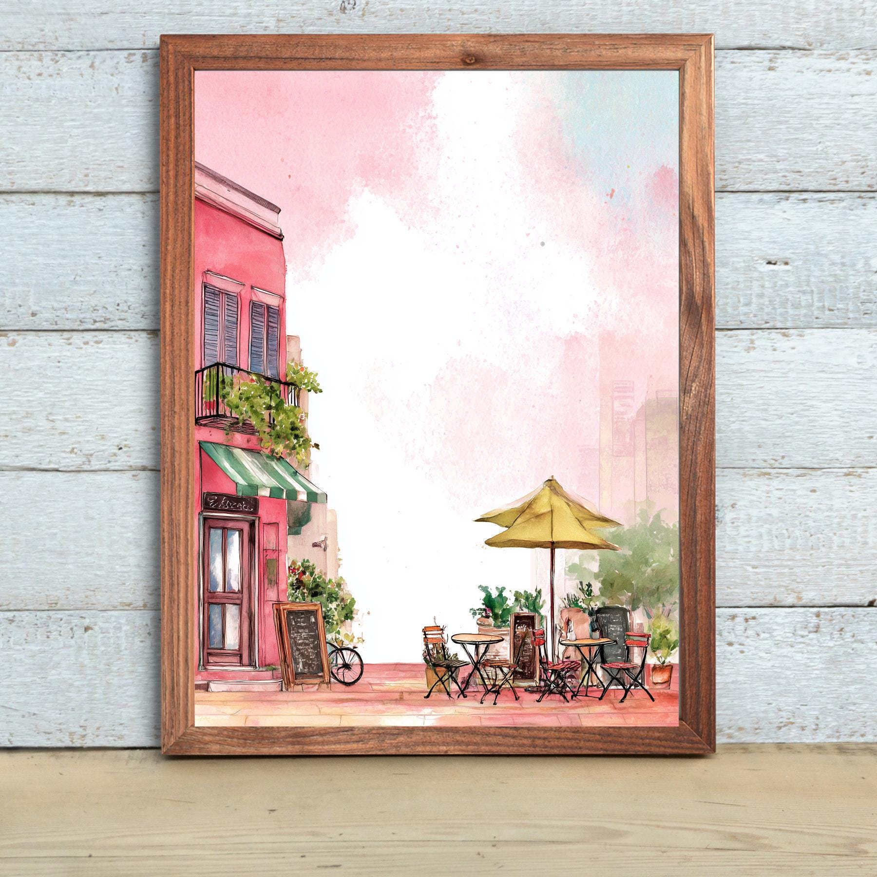 パリのカフェ水彩画：ピンクの建物、ヨーロッパの街並み - Etsy 日本