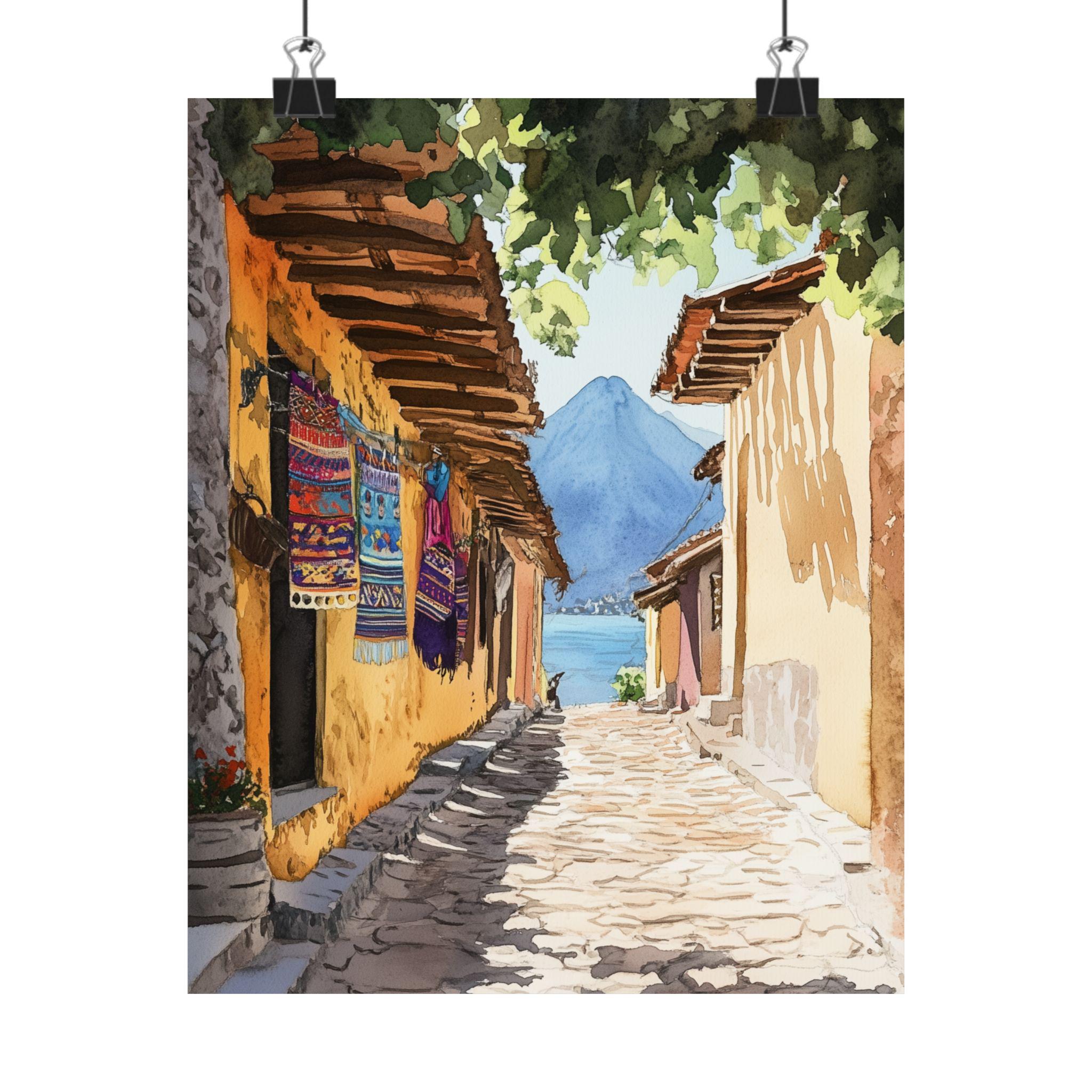 Lake Atitlan Watercolor Art Print: Guatemala Volcano View