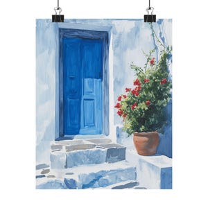 Santorini Art Print: Blue Door & Bougainvillea Watercolor - Greek Island Decor
