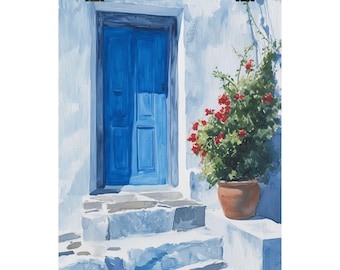 May include: A watercolor painting of a blue door with a white frame, steps leading up to the door, and a potted plant with red flowers in front of the door.