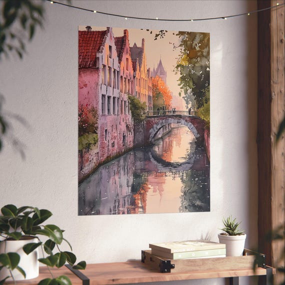 ブルージュ運河の水彩画：中世の橋とベルギーの建築 - Etsy 日本