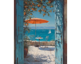 May include: A scenic print of a coastal cafe scene. An orange umbrella shades a small table and chairs overlooking the turquoise sea. The scene is framed by open, weathered blue doors and lush orange trees.