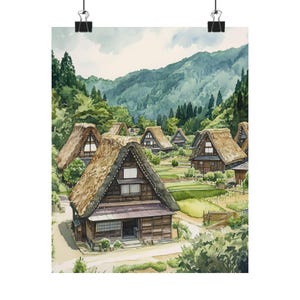 Shirakawa-Go Japan Konsttryck: Akvarellmålning av by med halmtak