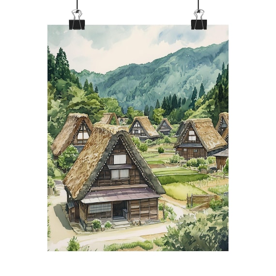 白川郷の水彩画：茅葺き屋根の集落を描いた日本のアートプリント
