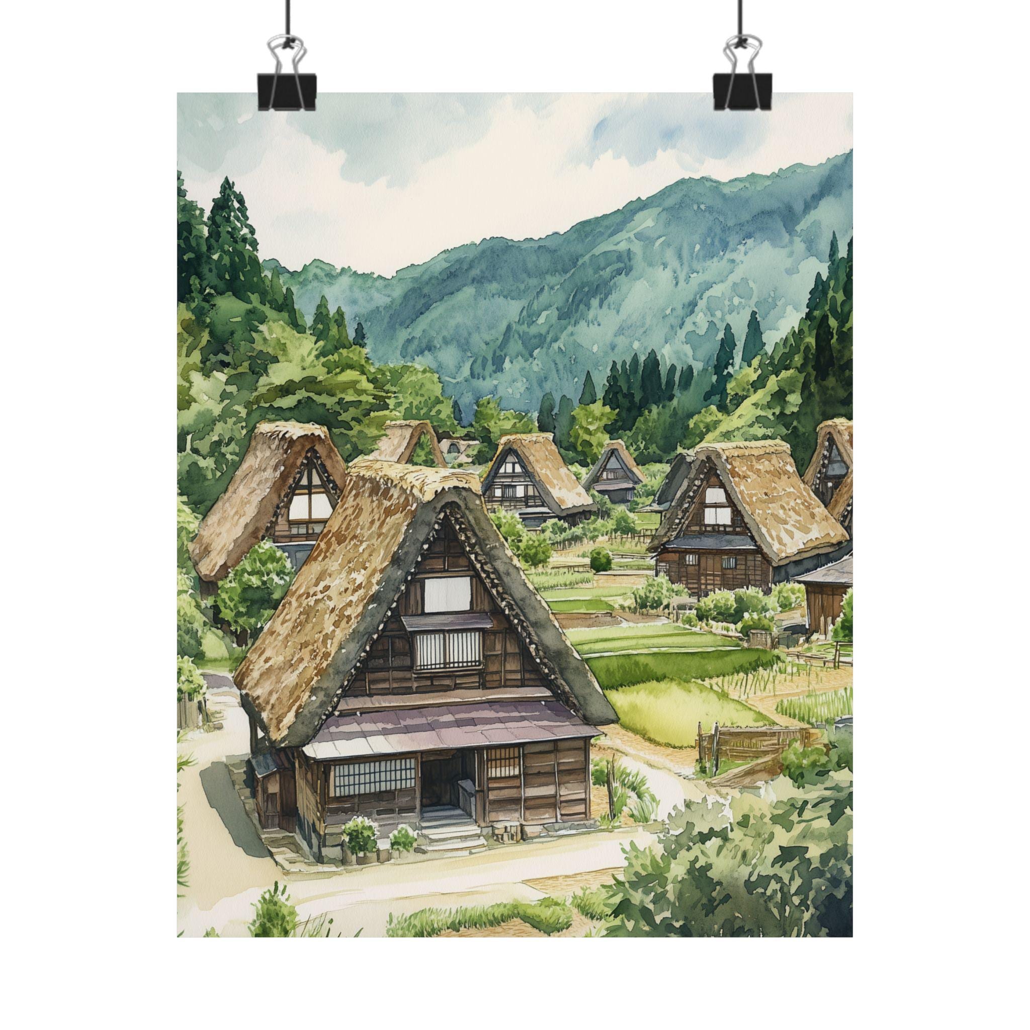 白川郷の水彩画：茅葺き屋根の集落を描いた日本のアートプリント