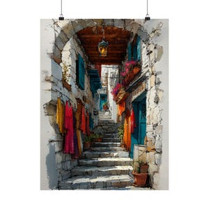 Santorini Print: Mediterranean Village, Blue Shutters, Greek Travel Art