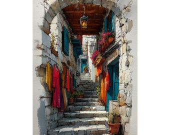 Impresión de Santorini: Pueblo mediterráneo, persianas azules, arte de viajes griegos