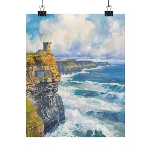 Impresión artística de los acantilados de Moher / Pintura de paisaje marino irlandés / Escena de torre oceánica / Póster de viaje a Irlanda / Paisaje costero / Arte del océano Atlántico